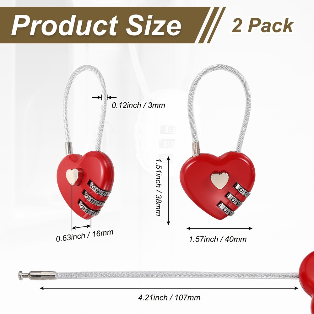 2-Pack Combination Padlock, 3 Digit Heart Shaped Cable Luggage Lock [Red]