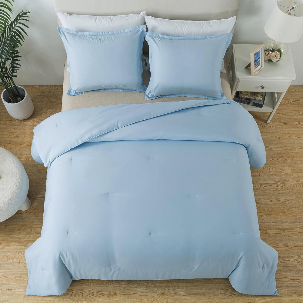Queen Light Blue Comforter Set, Solid Lightweight Skin-Friendly Boho Bedding Set