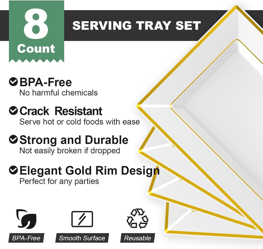 Plastic Serving Trays Gold Rim White Disposable Large Pack 8pcs
