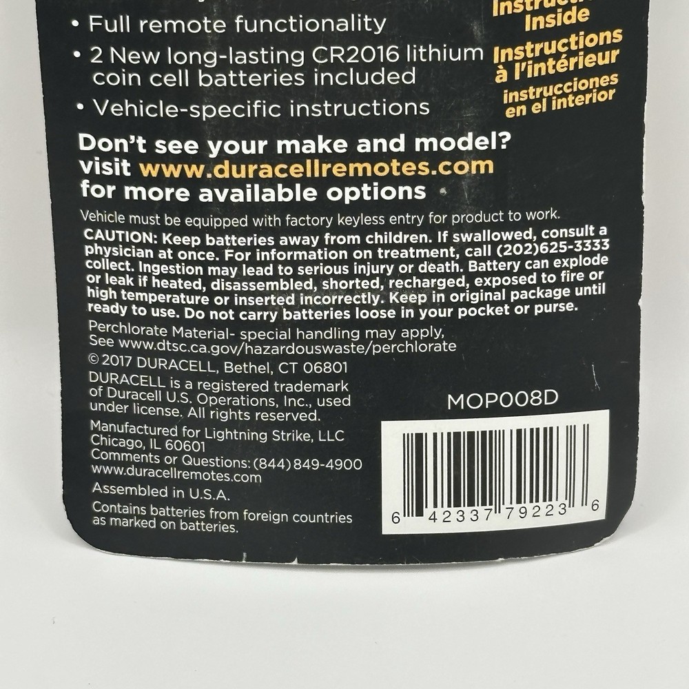 New Duracell Keyless Entry Full Function Remote MOP008D New