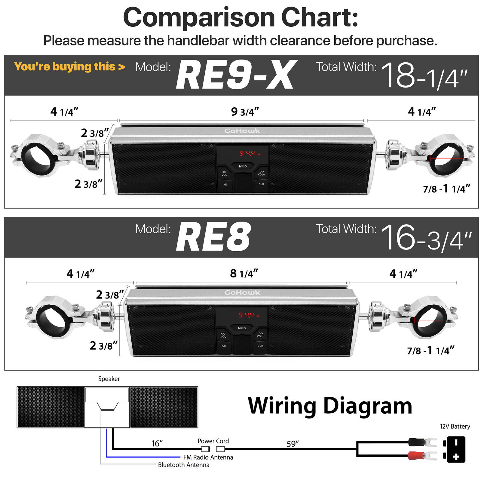 Bluetooth Motorcycle Stereo Soundbar Speaker Radio Audio System MP3 ATV 4Wheeler
