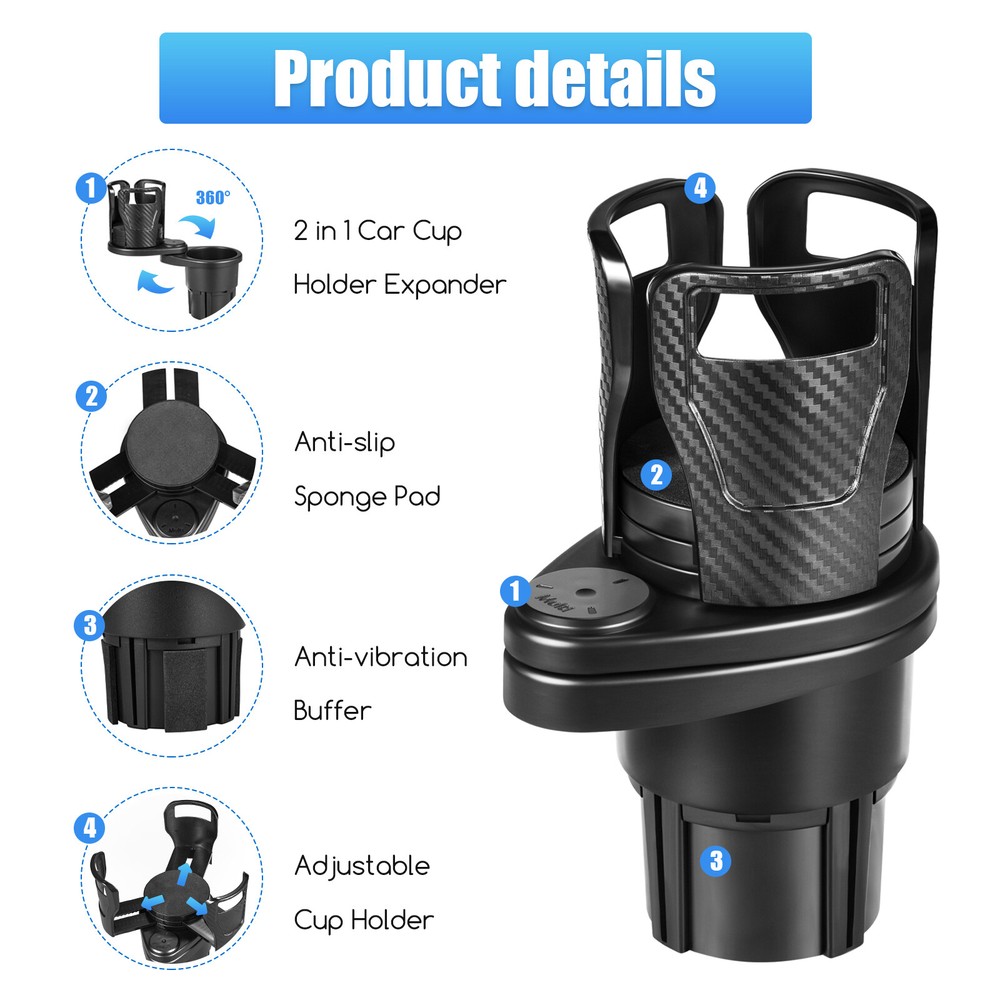 2 IN 1 Multifunction Car Double Cup Holder Expander Drink Holder 360° Adjustable