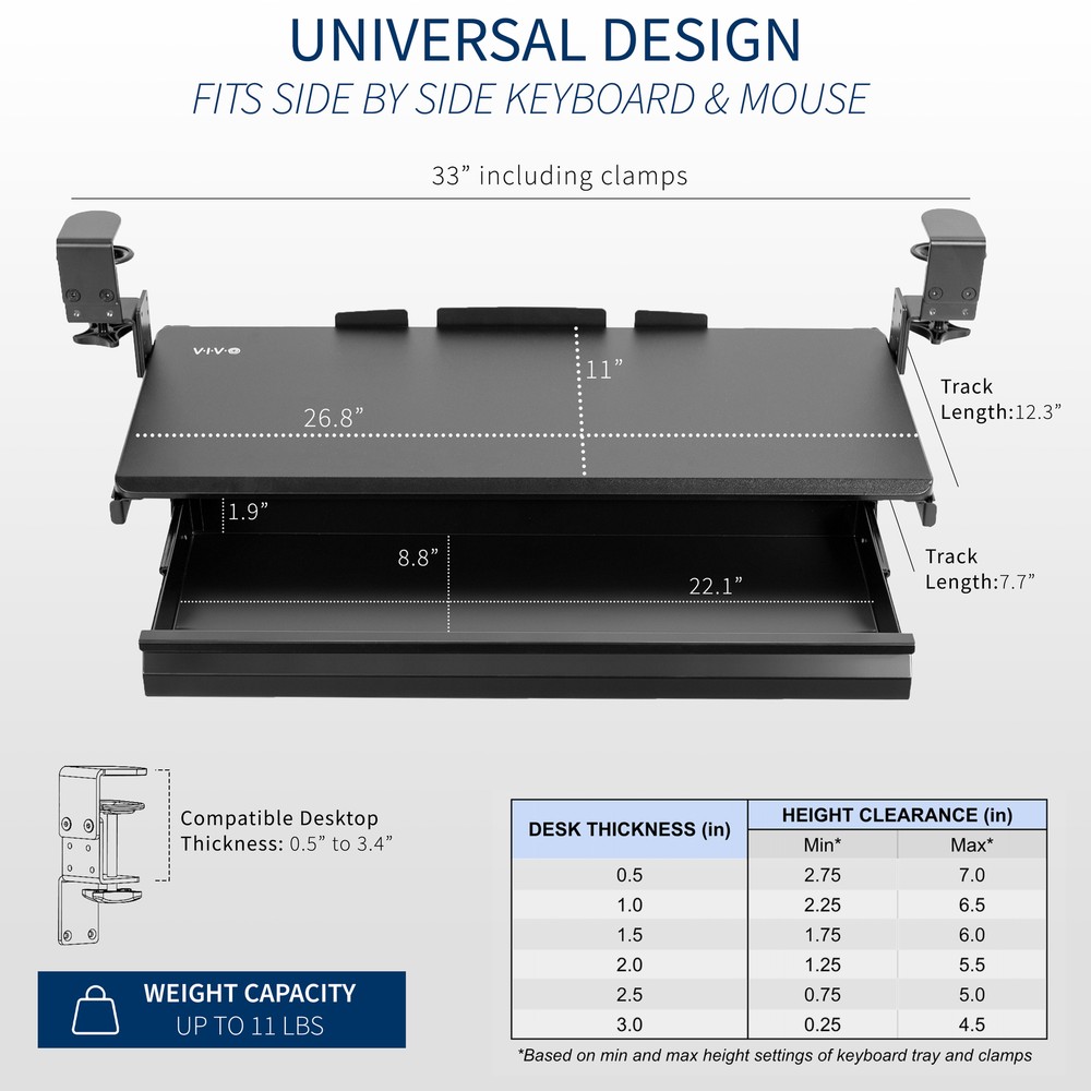 VIVO Height Adjustable Clamp-on Computer Keyboard Tray with Storage Drawer