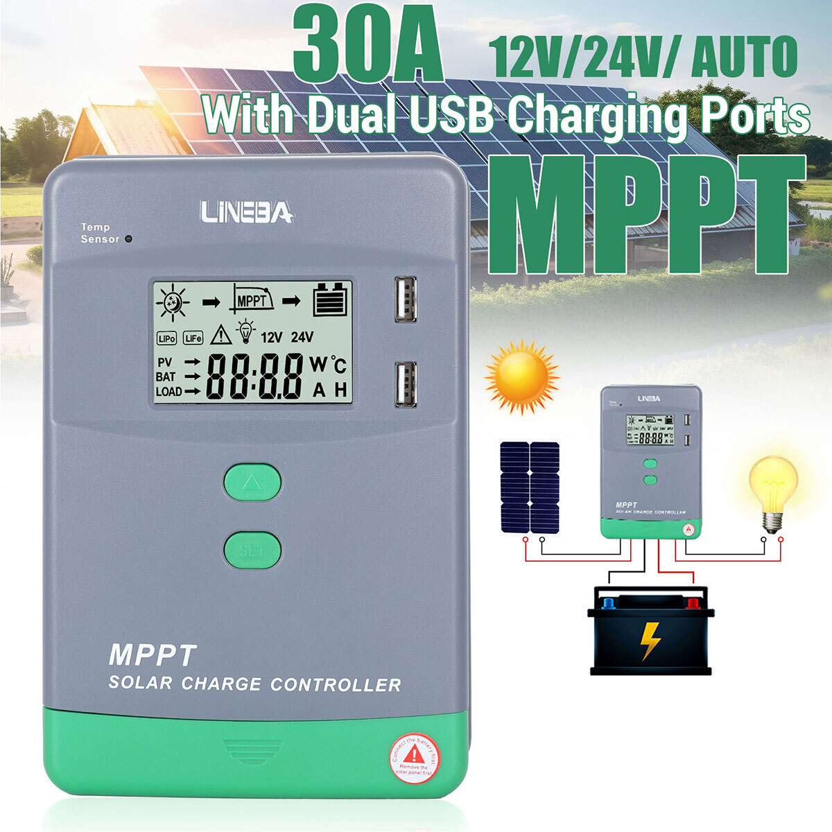 5200W MPPT Solar Charge Controller 100A/12V 24V 36V 48V USB Battery PV Regulator