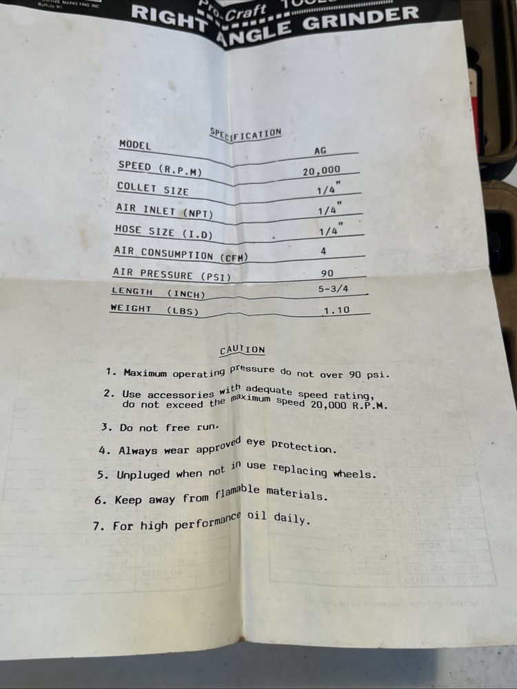 PMI Pro-Craft Right Angle Grinder Kit AG10 Used