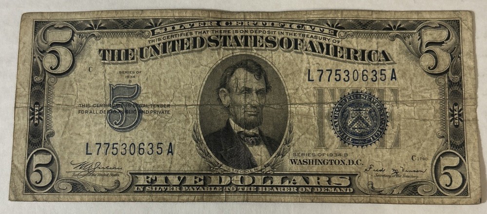 1934 B $5 Five Dollar Silver Certificate ~ Circulated