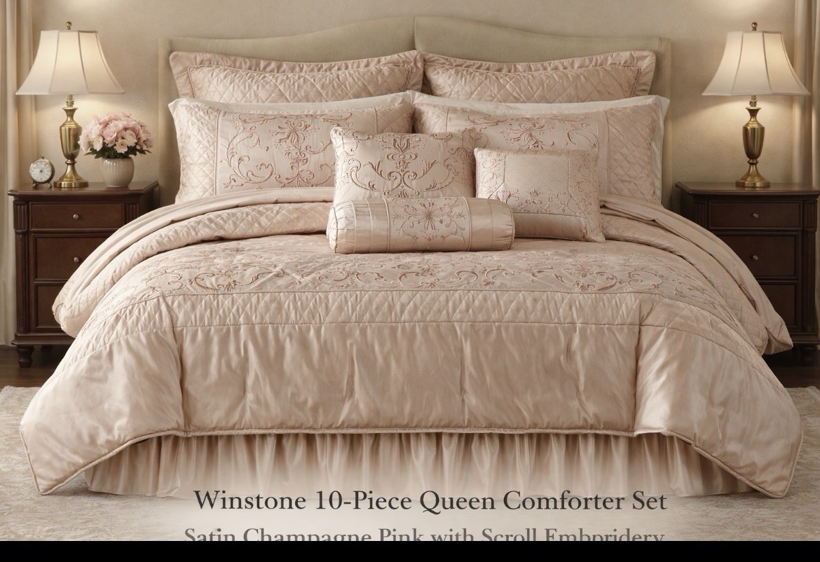 Winstone 10 Piece Luxury Comforter Queen Bed Set Satin Champagne, Peach Scroll