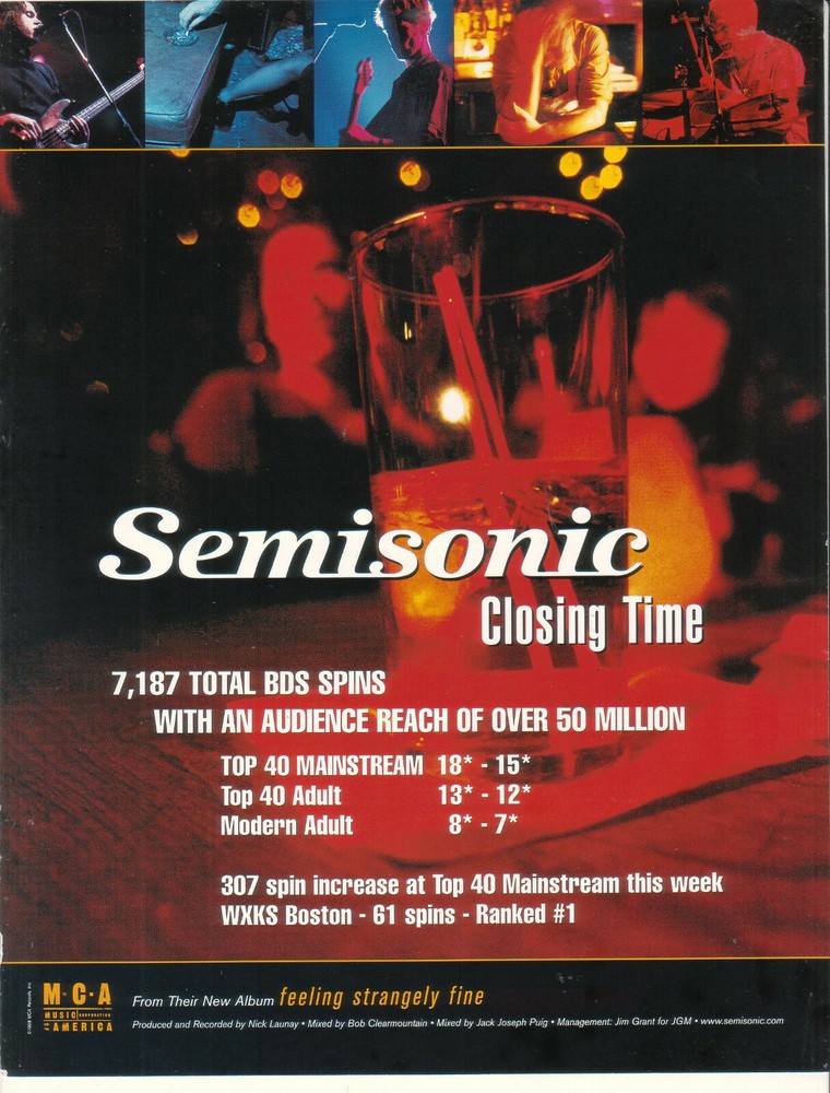 Semisonic 1998 Ad- Closing Time   Advertisement 7187 total spins