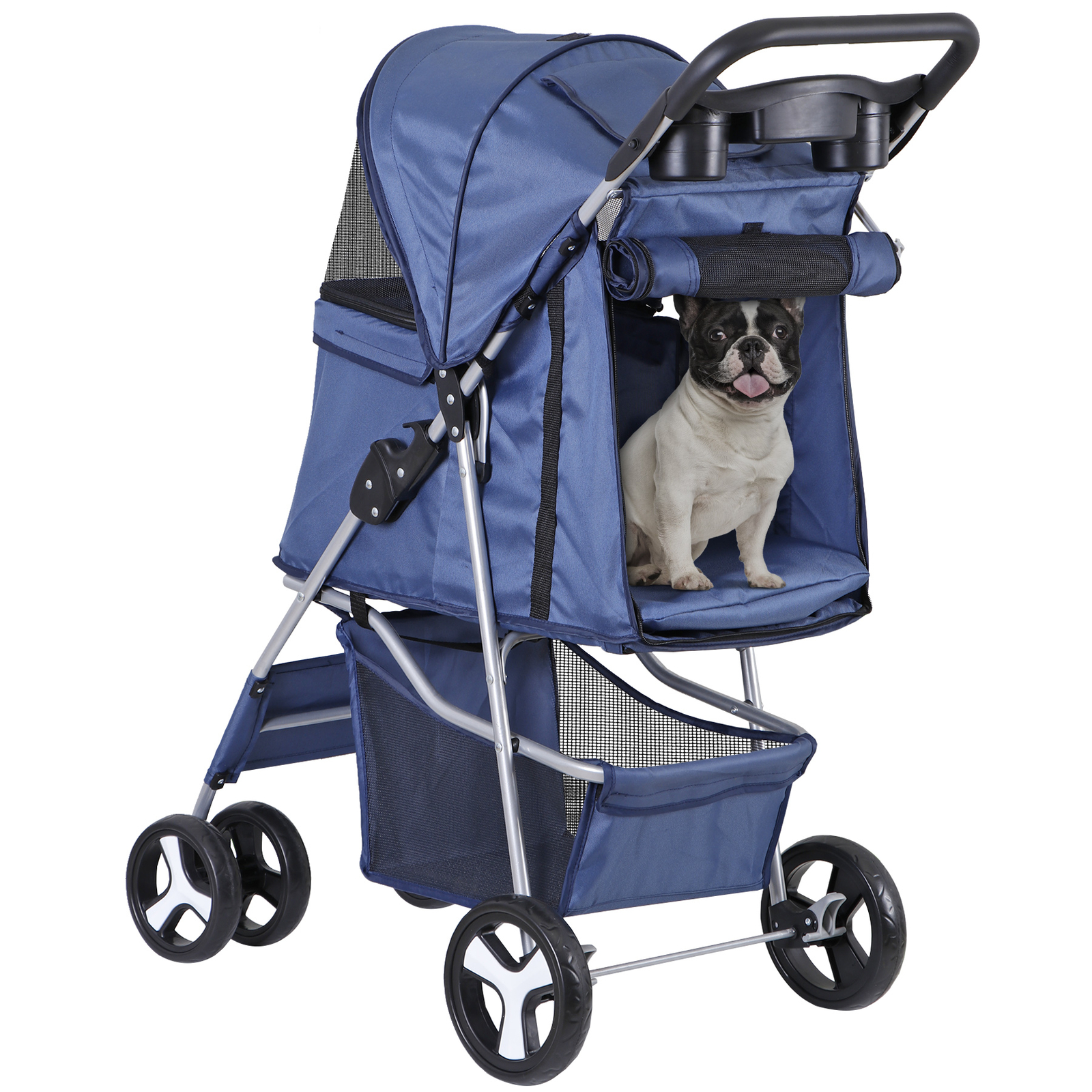 4 Wheels Blue Pet Stroller with Cup Holder, Breathable Mesh for S/M Dog Cat
