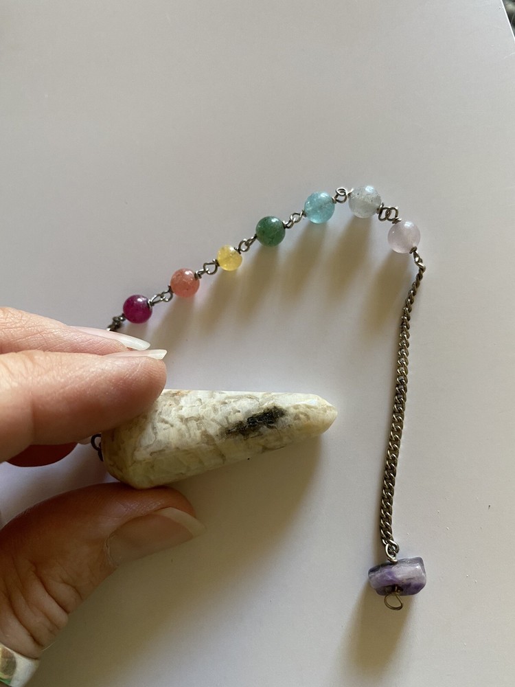 Moonstone Rainbow Chakra Pendulum Dowsing Healing Silver Chain W/amethyst
