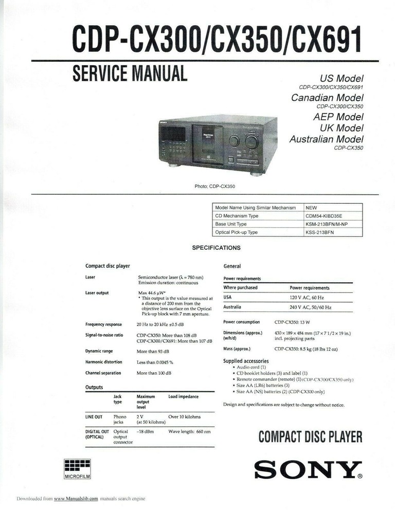SONY CDP-CX300 CD/DVD Service & Operating Manuals  ( On CD )