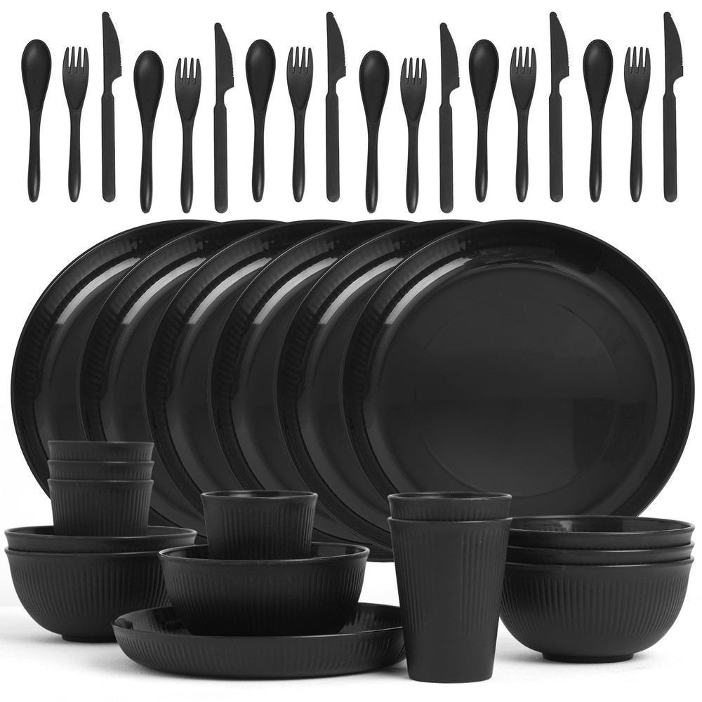 36 Pcs Wheat Straw Dinnerware Set,Dinnerware Sets for 6,Large Round Plates, B...