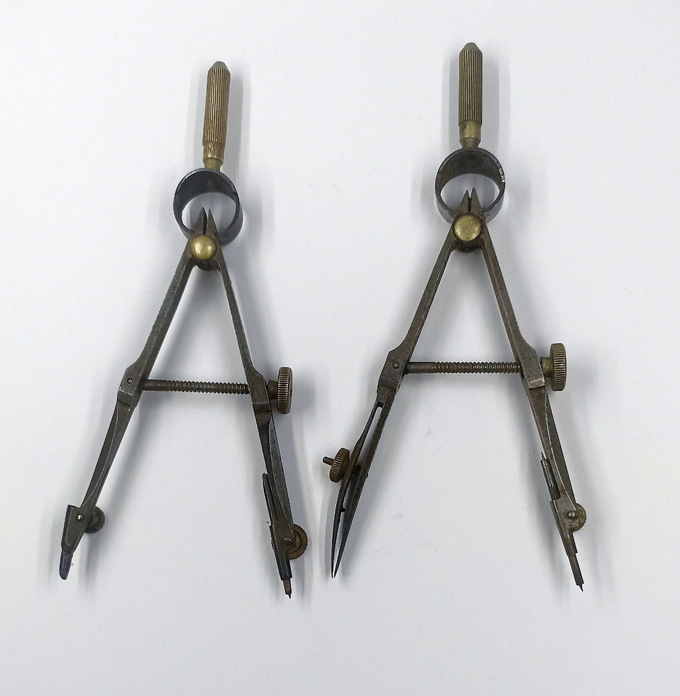 Two vintage drafting bow compasses, pen and pencil