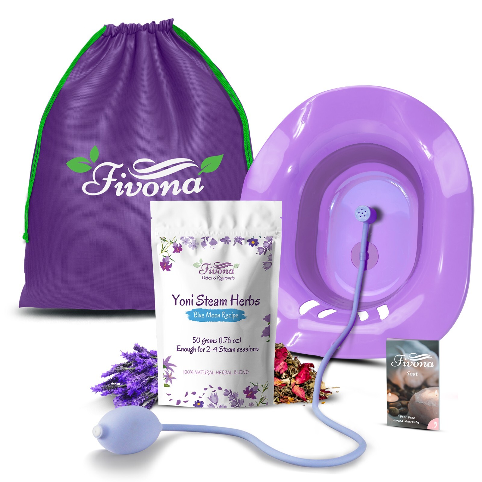 Fivona Yoni Steam Kit 4-in-1 Seat with Hand Pump, Bag and Blue Moon Recipe Herbs