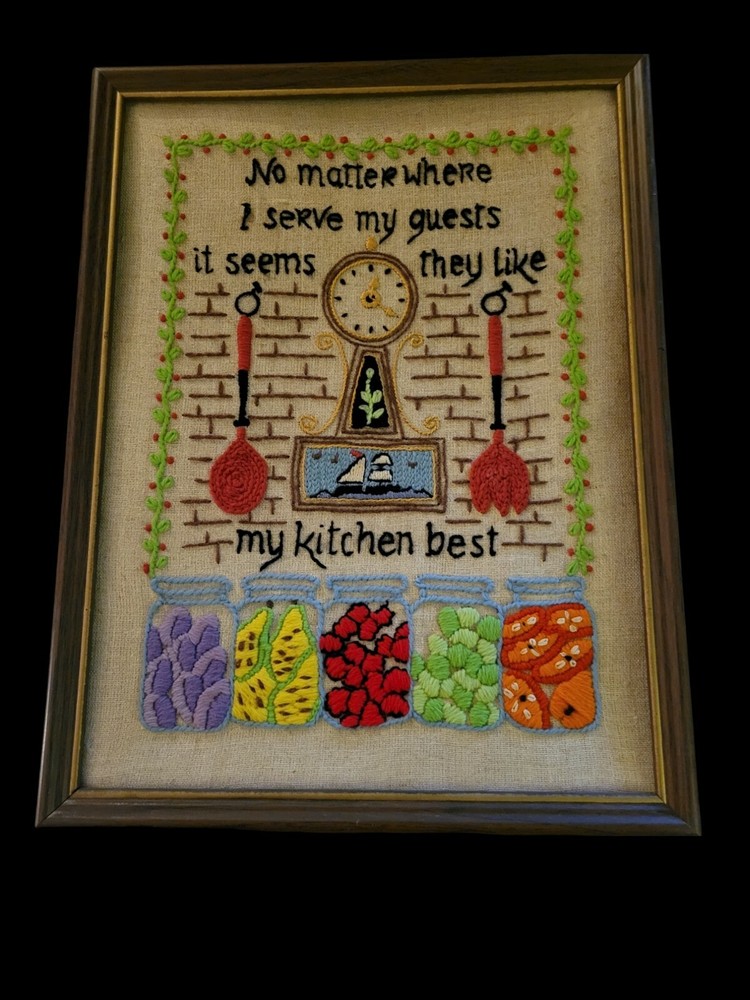 Vintage Embroidered Kitchen Art Work In Frame
