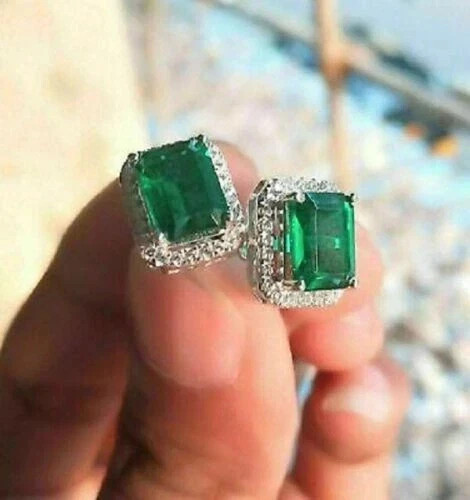 3Ct Emerald Cut Lab Created Emerald Cluster Stud Earring 14k White Gold Plated