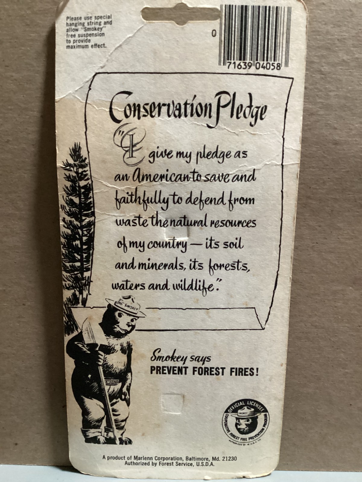 VINTAGE SMOKEY THE BEAR AUTO AIR FRESHENER CONSERVATION PLEDGE FIREFIGHTING CAR