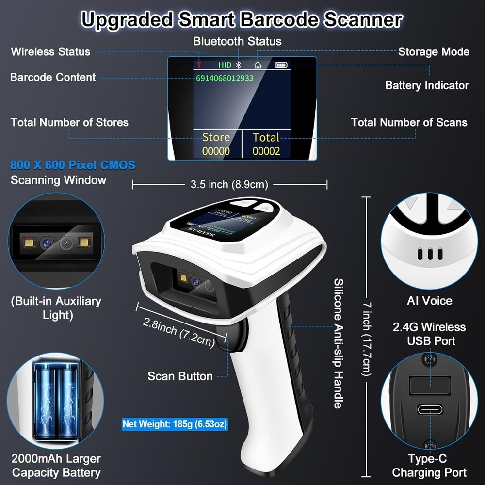 1D QR 2D Barcode Scanner Bluetooth Wireless Bar Code Scanner w/LCD Screen Voice