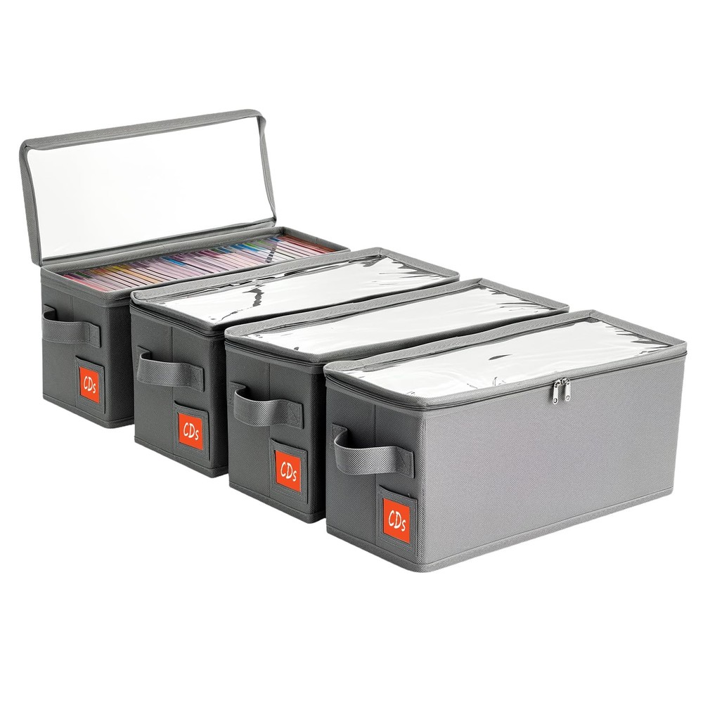 4 PCS Gray Stackable CD DVD Holder Storage Case Box Organizer Lid Handle