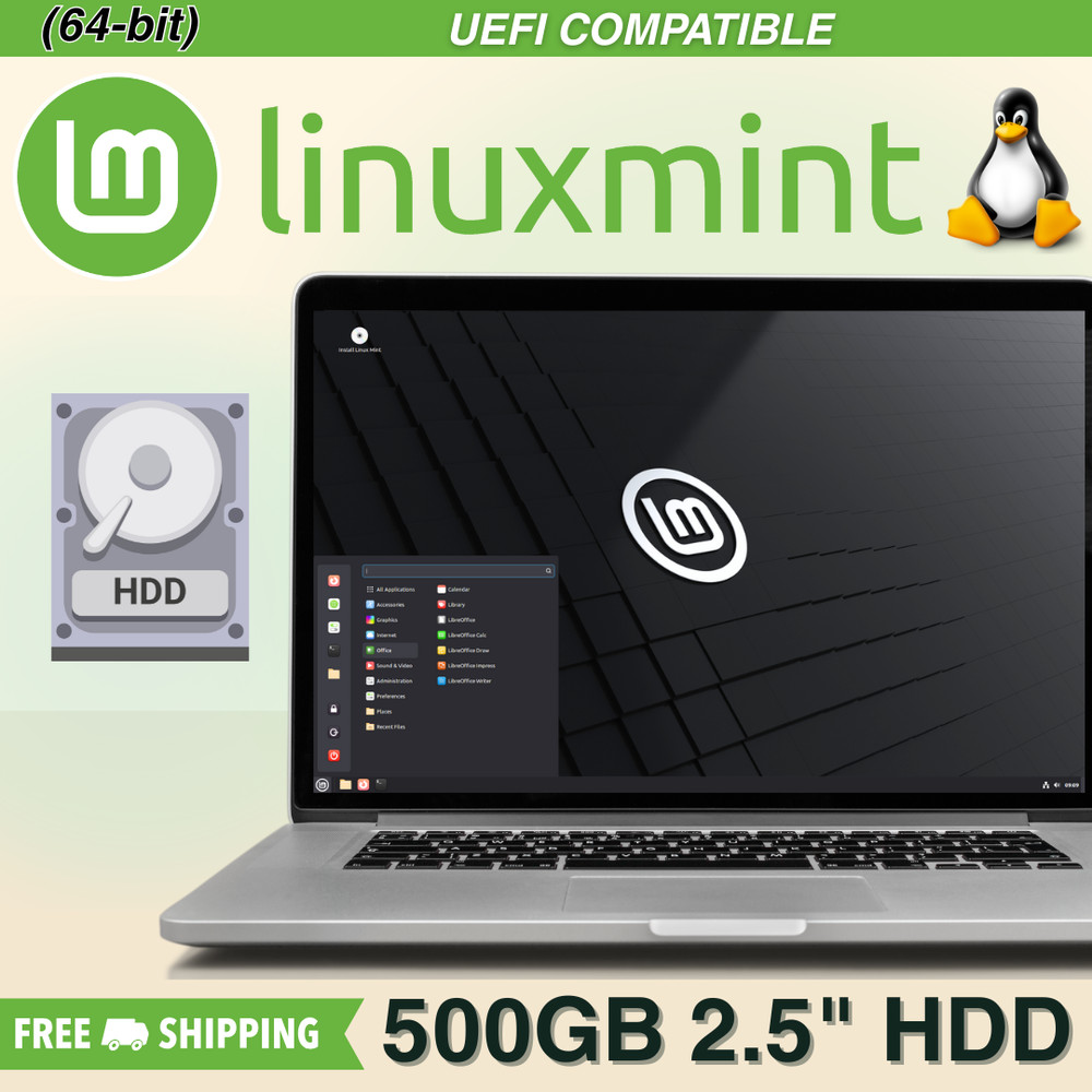 Linux Mint 22 Cinnamon 500GB HDD 2.5" Latest Version Installed (UEFI)