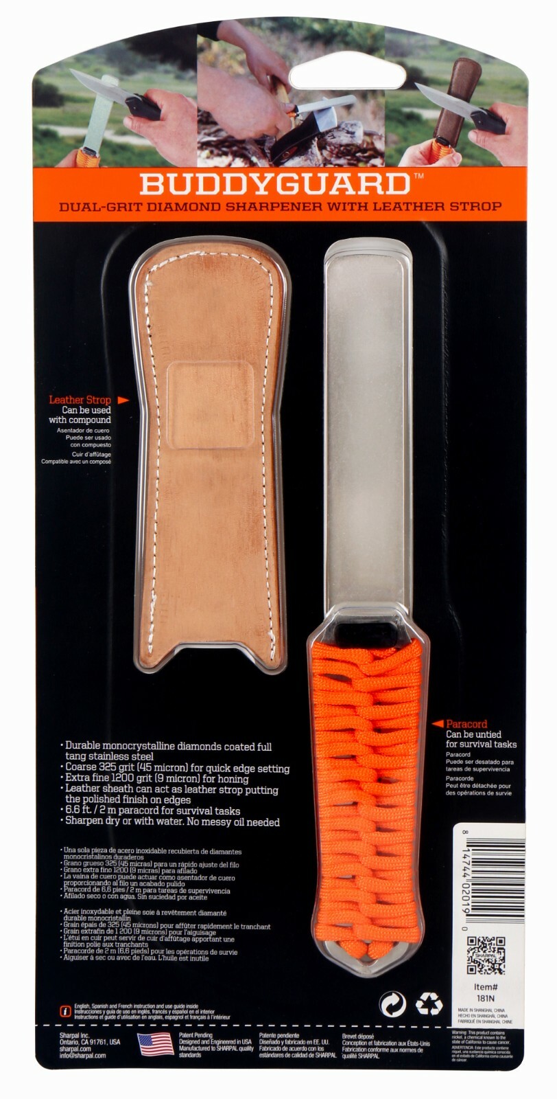 SHARPAL 325/1200# Dual-Grit Diamond Sharpening Stone with Leather Strop,Paracord