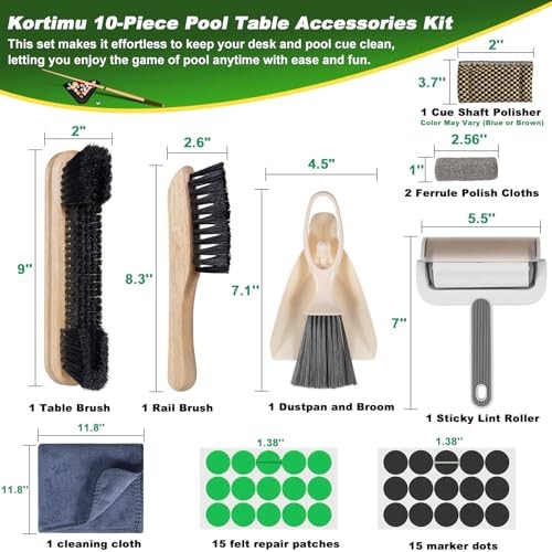Billiard Pool Table Accessories Kit: 10 Piece Set with 2 Pool Table Brushes,2