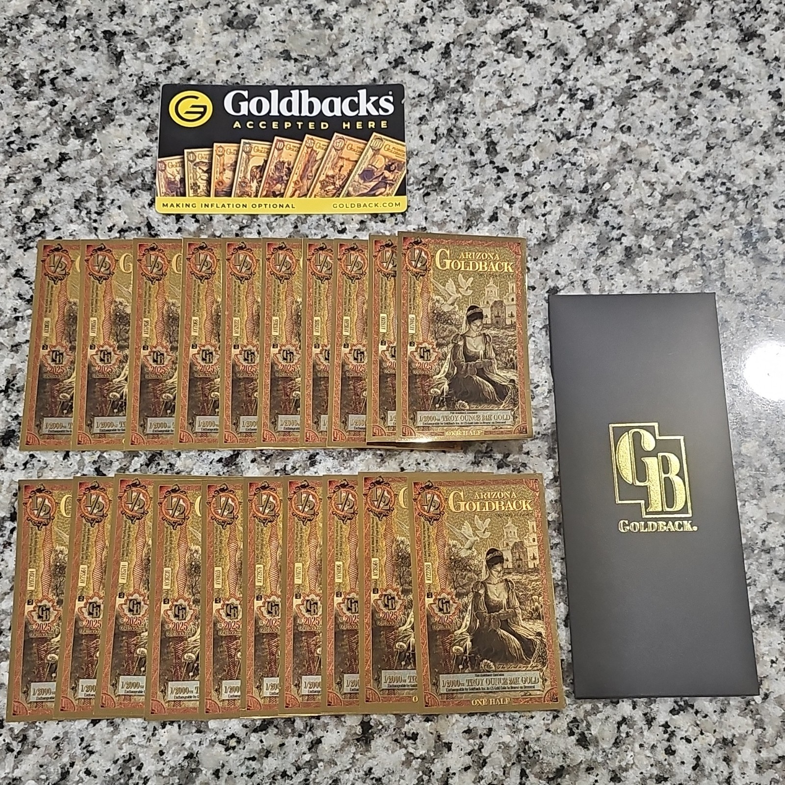 Goldback 2025 1/2 Gold Note Lot 20pcs 1/2000 oz .999 Gold Bar 20/2000 oz
