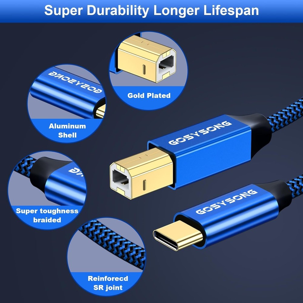 USB C to B Printer Cable - 15ft High Speed Compatible with 15ft, Blue