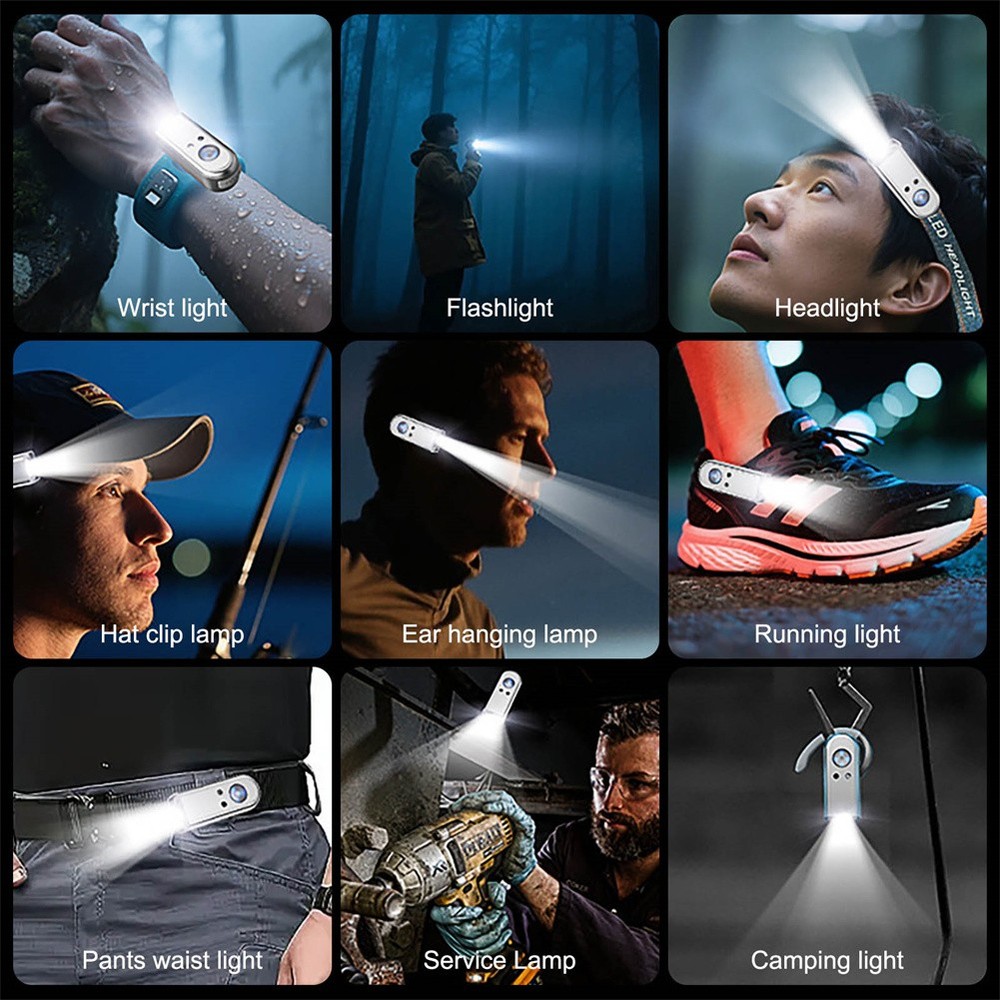 Bright LED Ear Strap Headlamp USB Rechargeable Motion Sensor Magnetic Headlight