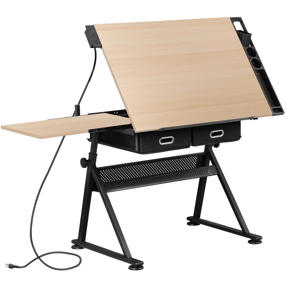 Adjustable Drafting Drawing Table Tiltable Tabletop w/ Stool & Outlet Natural