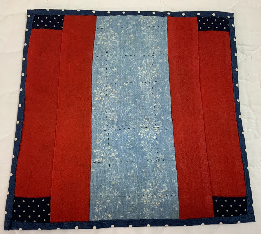 Vintage Antique Patchwork Quilt Table Topper, Log Cabin, Challis Wool, Red, Navy