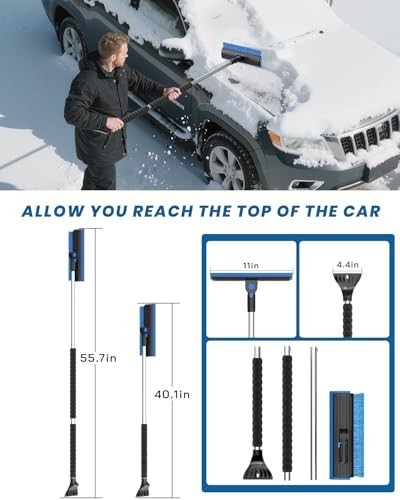 Extra Long 55.7" Ice Scraper for Car Windshield, Multi-Functional Snow Brush wit