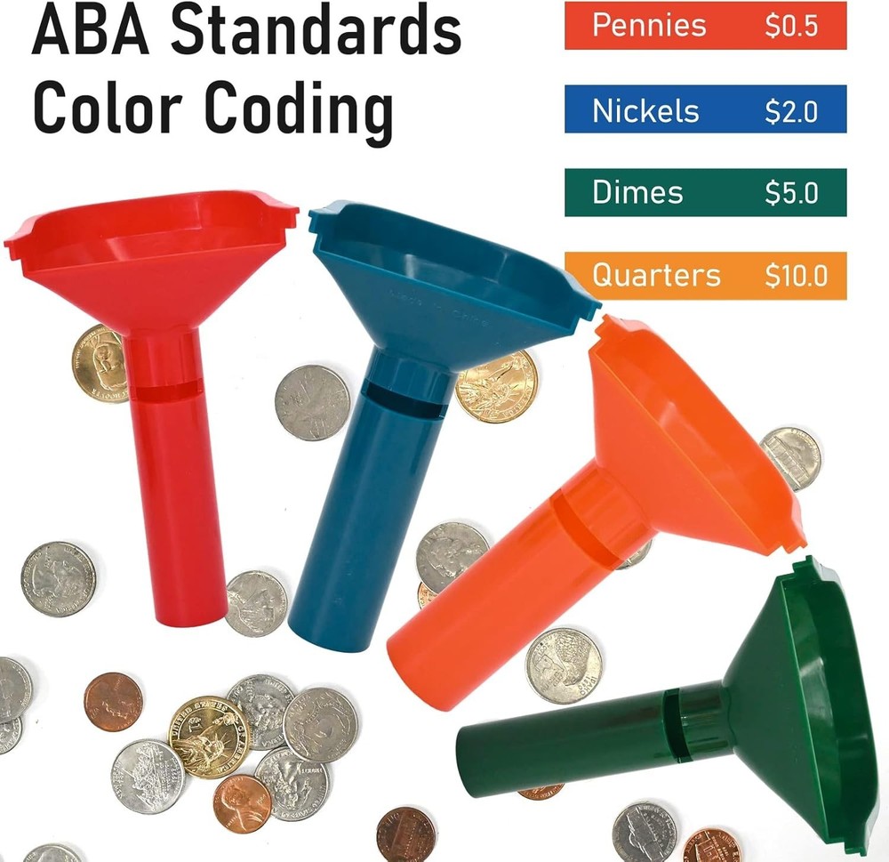 150 Assorted Coin Wrappers & 4 Color-Coded Sorter Tubes – Easy Loading