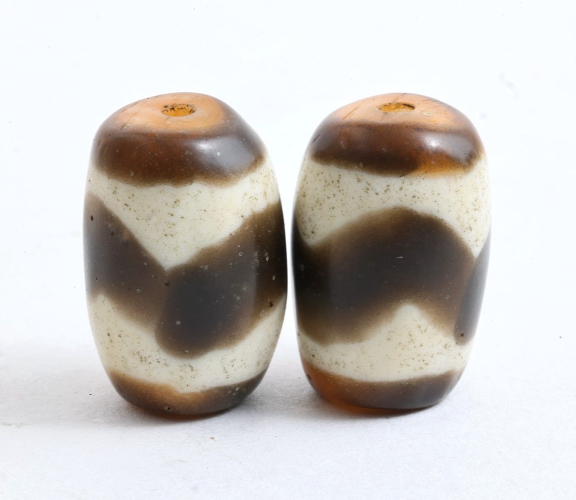 Late Qing Tibetan Glass Beads Pair – Tiger Tooth Dzi (Huya Tianzhu) Style (Z)