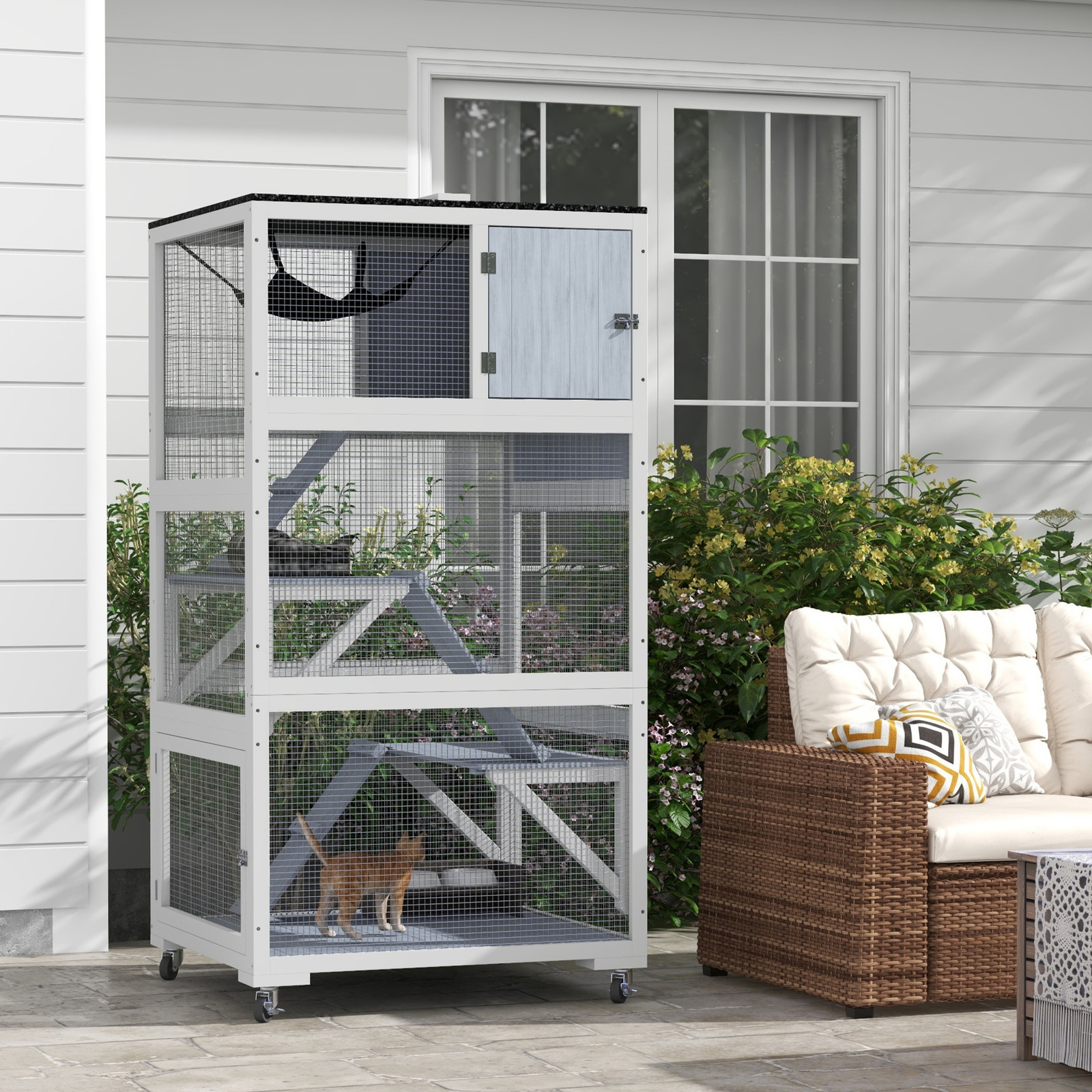 Catio, Outdoor Cat Enclosure House on Wheels with Hammock, Gray
