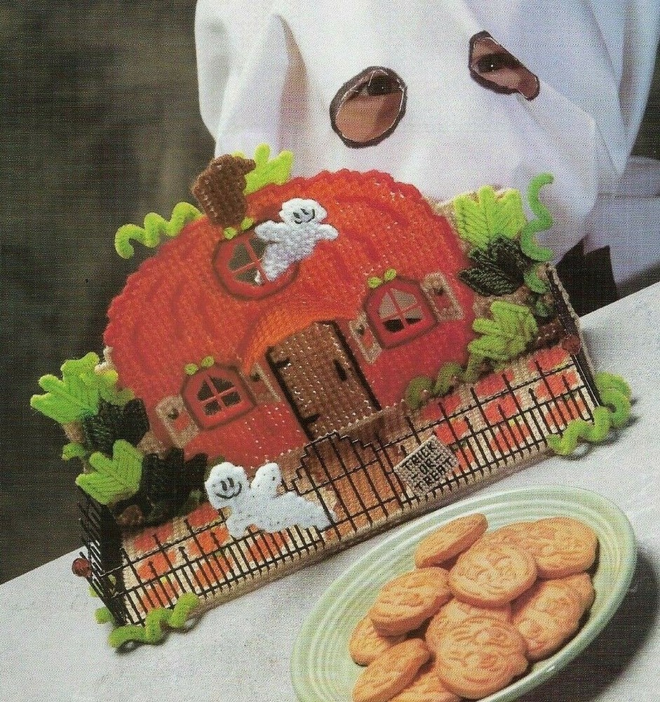 PUMPKIN PATCH GHOST CANDY DISH BASKET PLASTIC CANVAS PATTERN INSTRUCTIONS