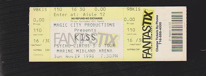 KISS  UNUSED TICKET MARINE MIDLAND ARENA BUFFALO NY PSYCHO-CIRCUS TOUR 11-29-98