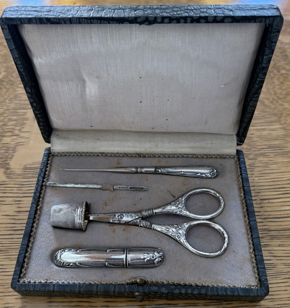 Antique Sterling Silver Sewing Machine Case Set & Box