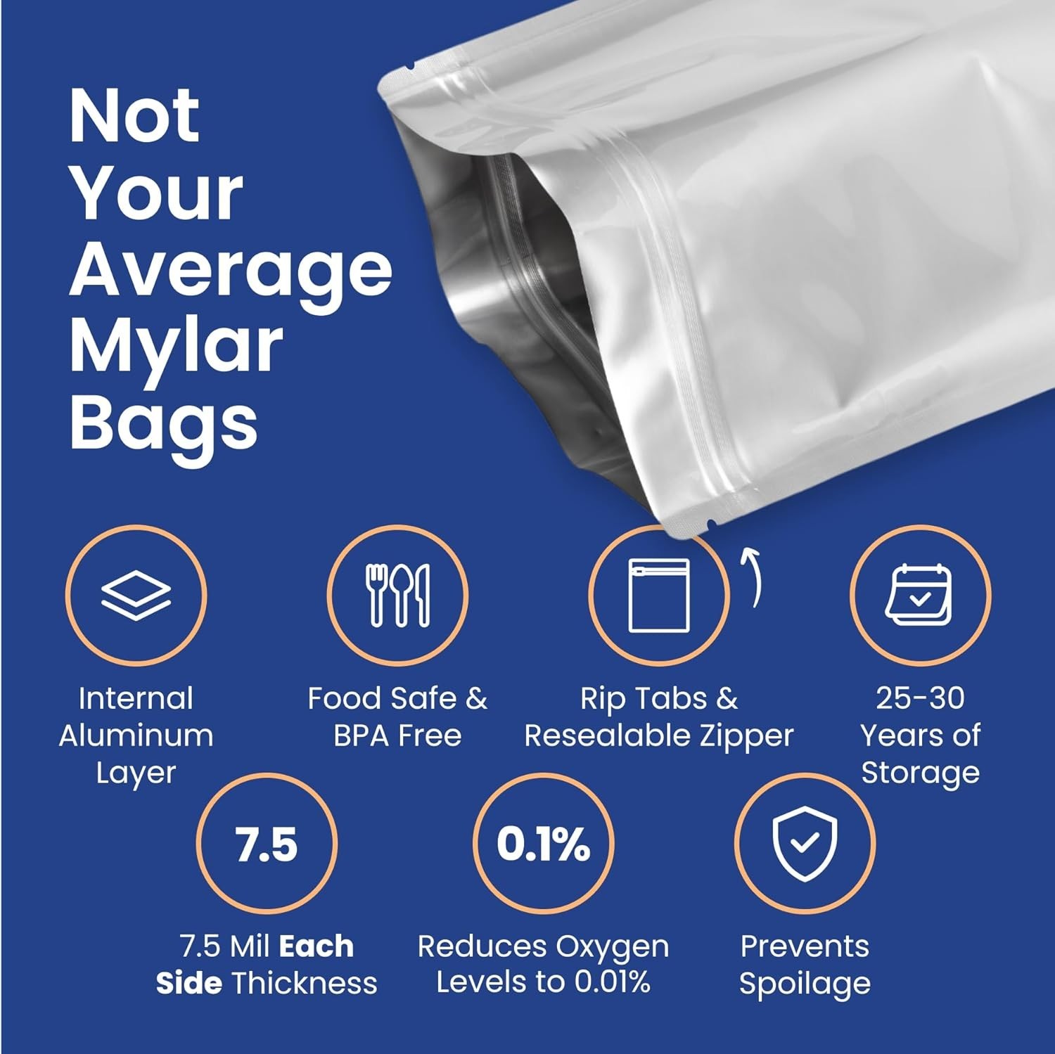 30ct 1-Gallon Mylar Bags 400cc Oxygen Absorbers 15Mil Thick Zipper | Silver