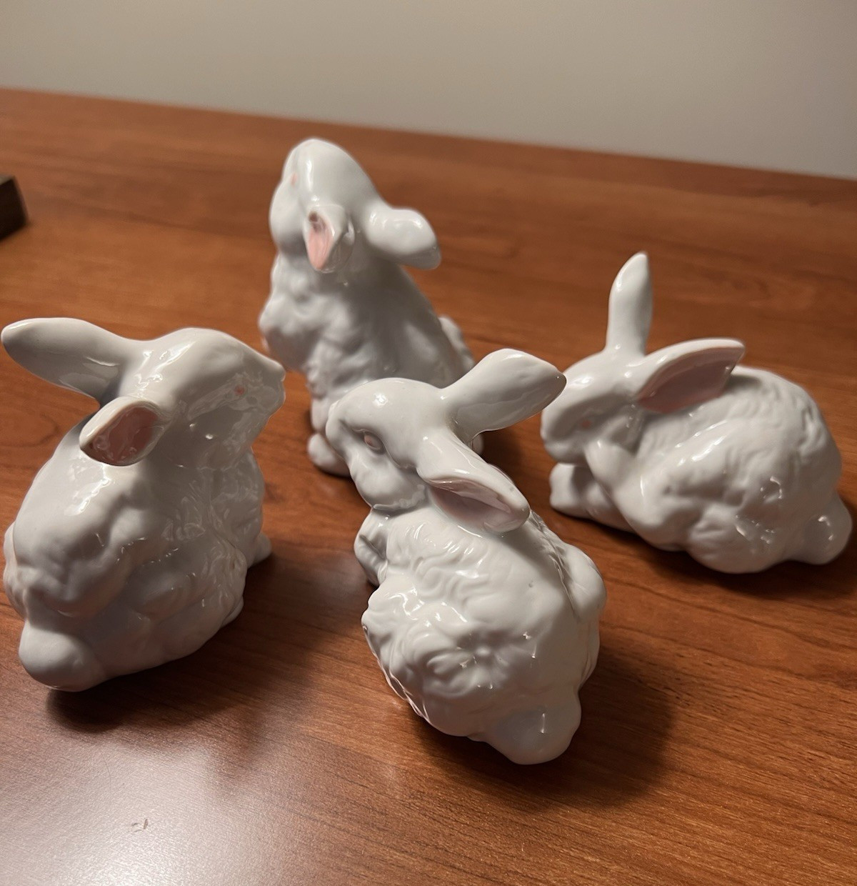 Set of 4 Vintage Ceramic White Bunnies with Pink Ears and Eyes