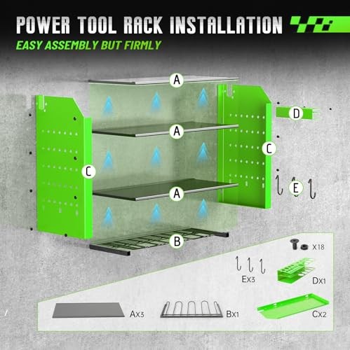 Power Tool Organizer Wall Mount with Charging Station, 4 Layers Garage Storage