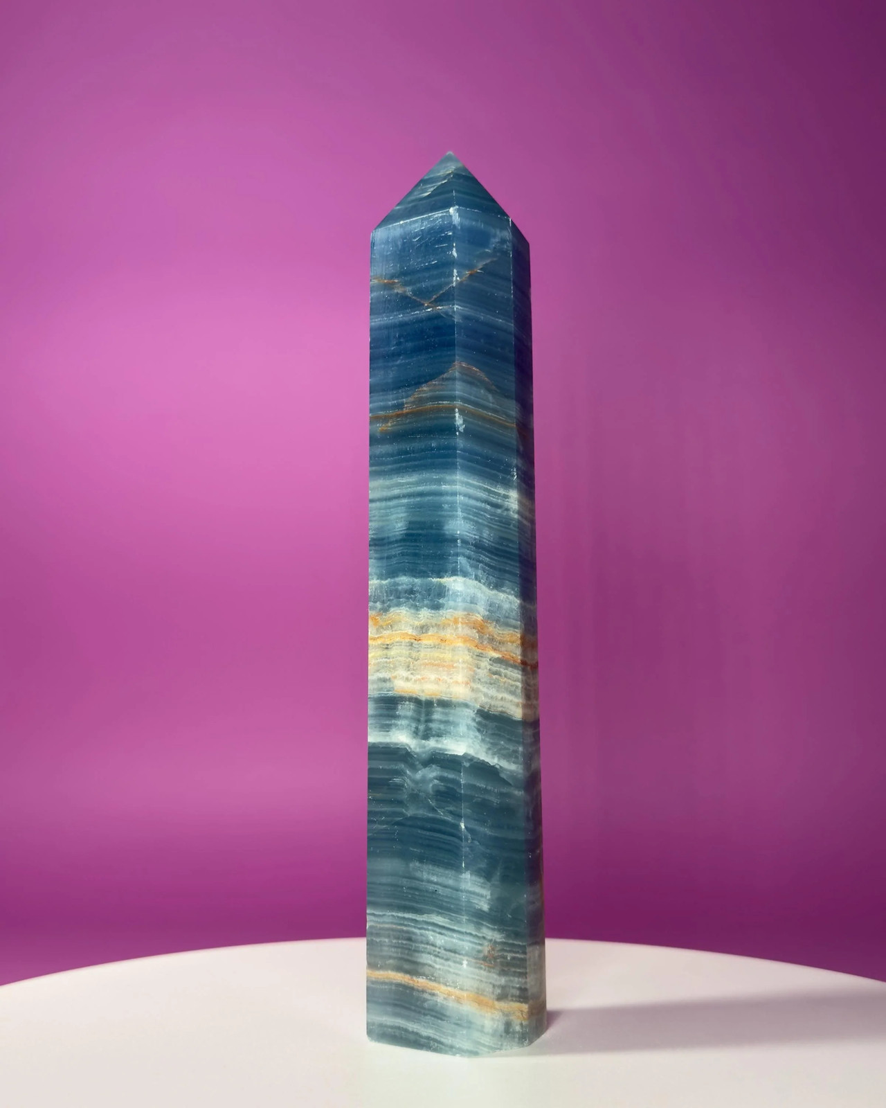 Blue Onyx Aquatine Calcite Tower 910g 10" Banded Blue Calcite Crystal