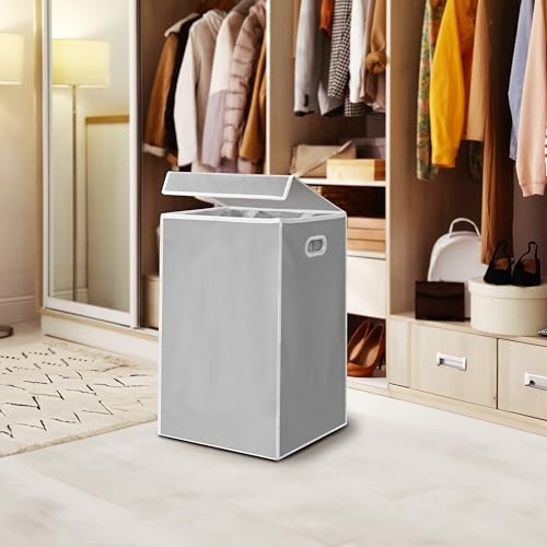 Foldable Laundry Hamper Basket with Lid and Removable Bag, Gray Grey