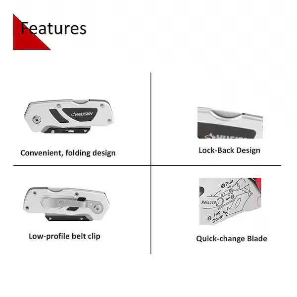 Husky Folding Lock-Back Utility Knife Compact Razor Box Cutter
