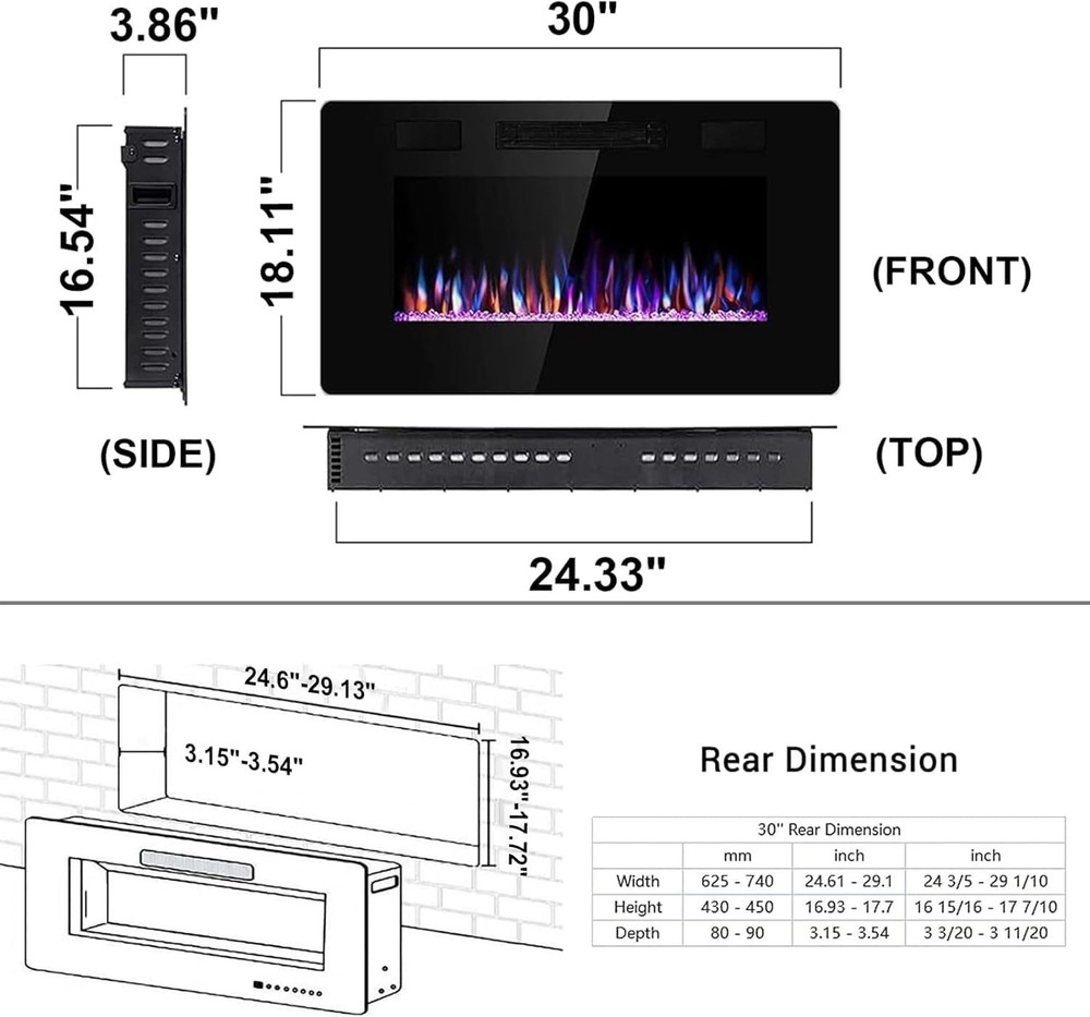 30 inch Electric Fireplace, Wall Recessed and Wall Mounted , Remote with Timer
