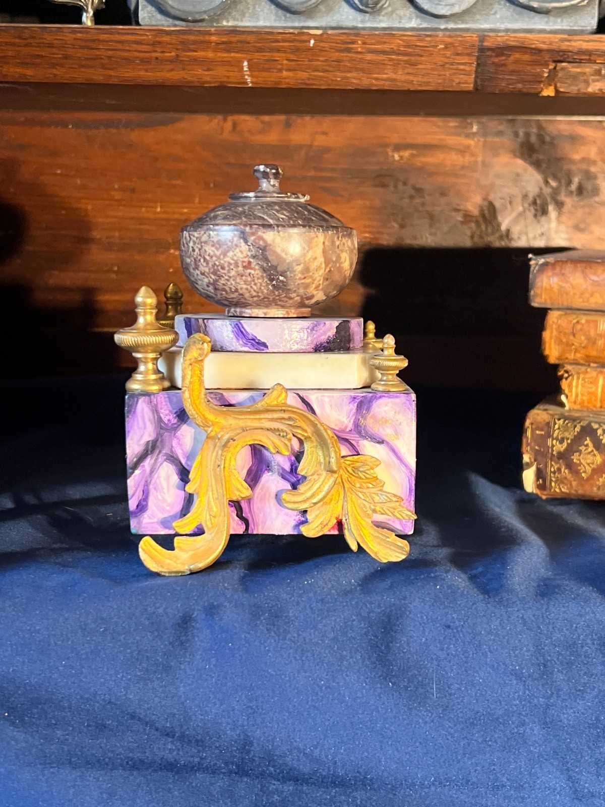 Napoleon III Style French Inkwell With Gilt Bronze Appliques and Marble Basin