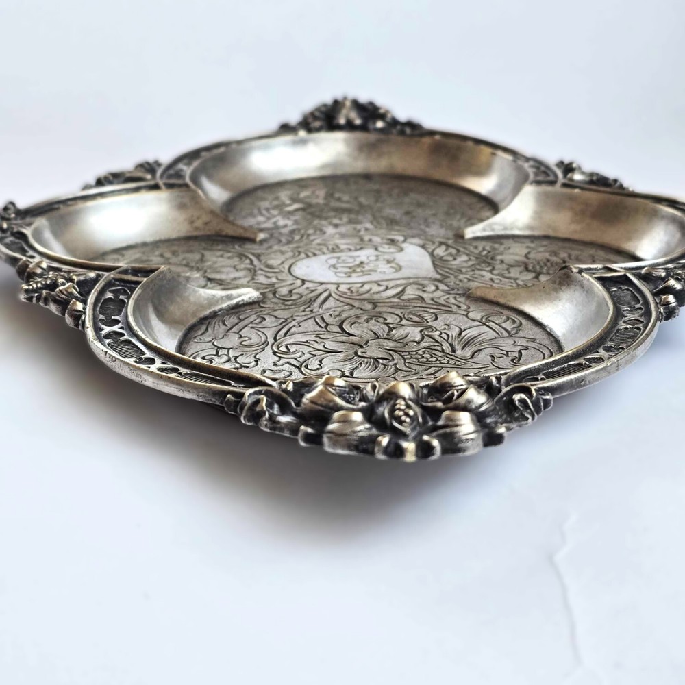 French Decorative Serving Tray Brass Silver Plated Embossed Engraved Monogram JP