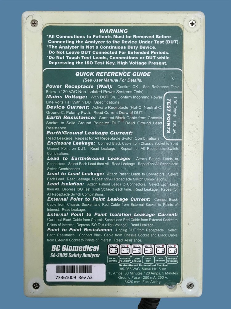 BC Biomedical SA-2005 Electrical Safety Analyzer | Powers On; Bad Screen