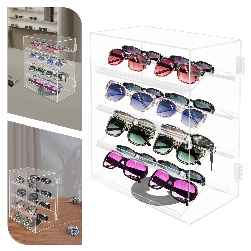 4 Tier 360° Rotation Acrylic Locking Box Clear Display Case Dust-proof Showcase