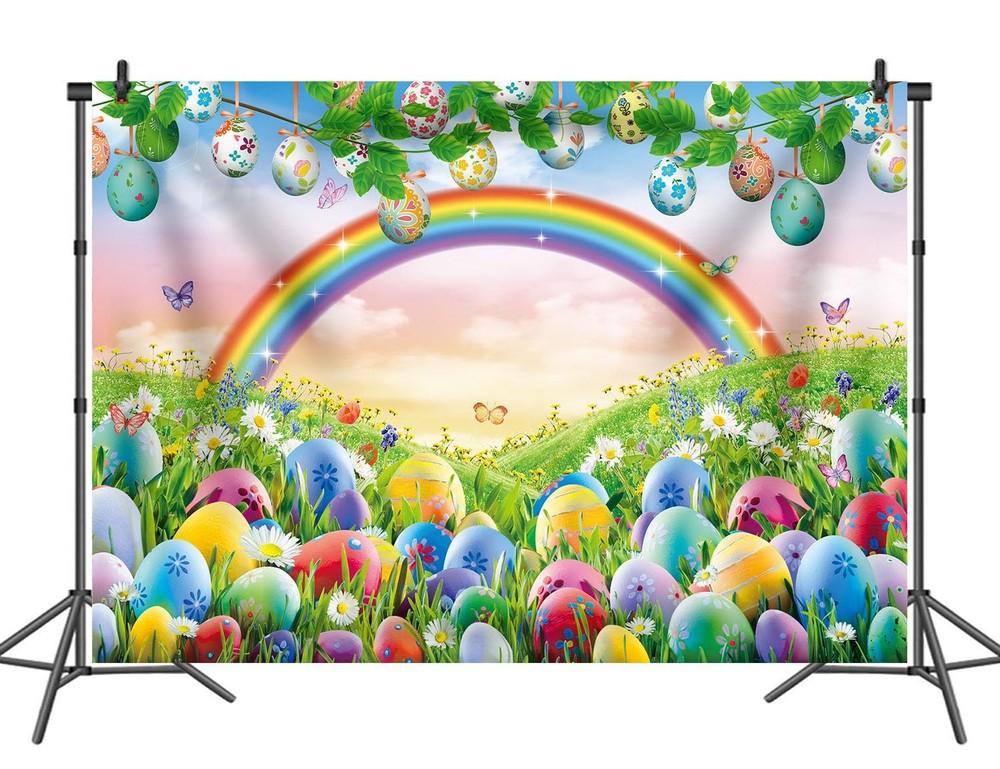 Spring Easter Backdrop Rainbow Meadow Flowers Colourful Eggs Photography Back...